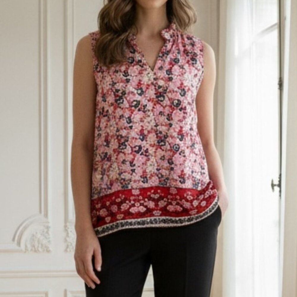 Rose & Olive Red Blue Pink Floral Sleeveless Pop Over Top Large